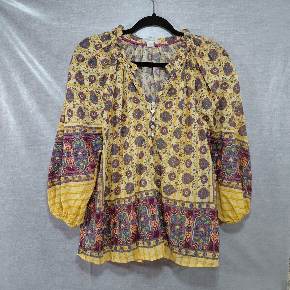 Sundance Angelou Peasant Blouse Women's LG Yellow & Purple Floral Balloon Sleeve